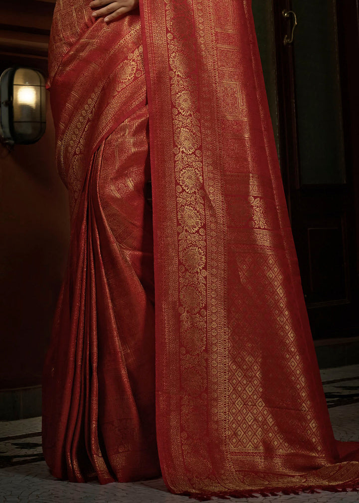 Crimson Red & Golden Blend Woven Kanjivaram Silk Saree