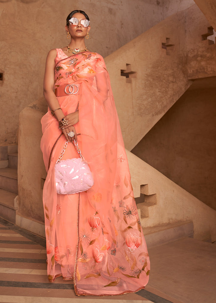 Coral Pink Digital Floral Print Organza Saree