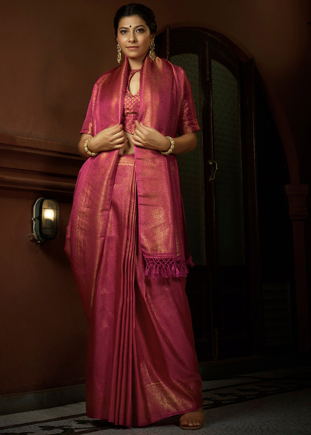 Hot Pink & Golden Blend Woven Kanjivaram Silk Saree