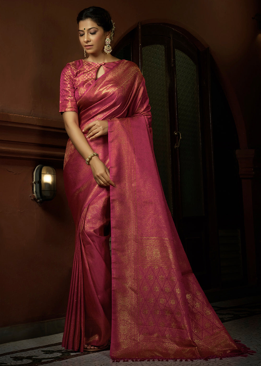 Hot Pink & Golden Blend Woven Kanjivaram Silk Saree