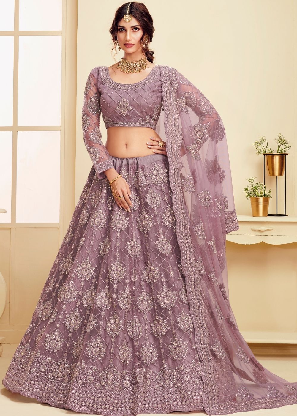 Plum Violet Soft Net Lehenga Choli with Cording Embroidery & Stone work