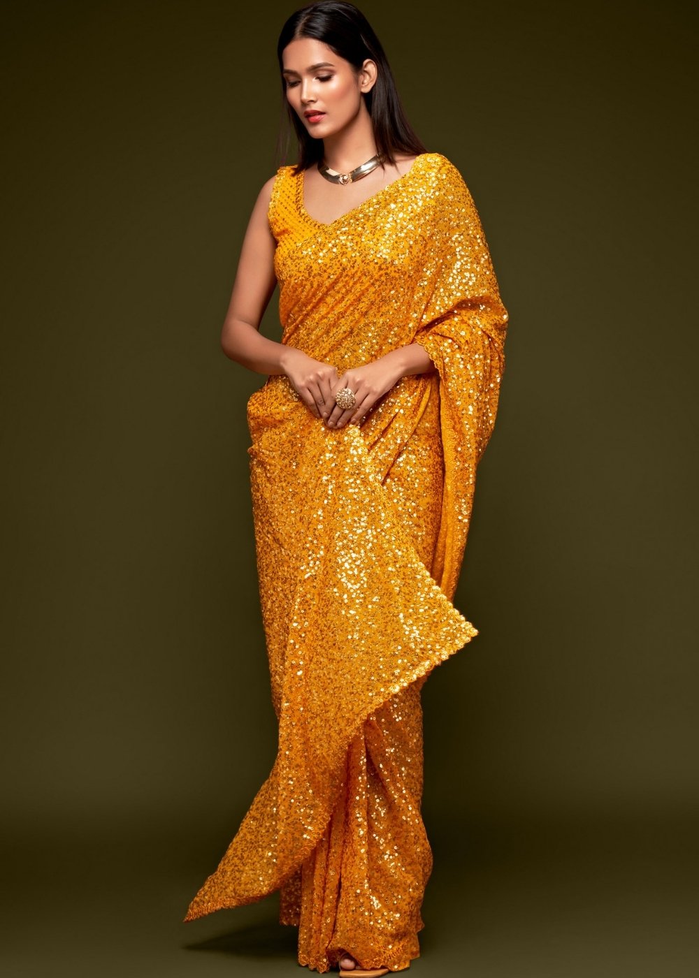 Golden Yellow Sequins & Thread Embroidered Designer Georgette Saree