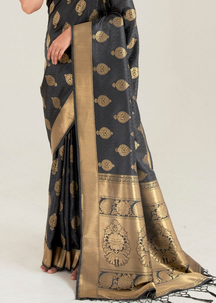 Pebble Grey Zari Butta Woven Banasari Silk Saree