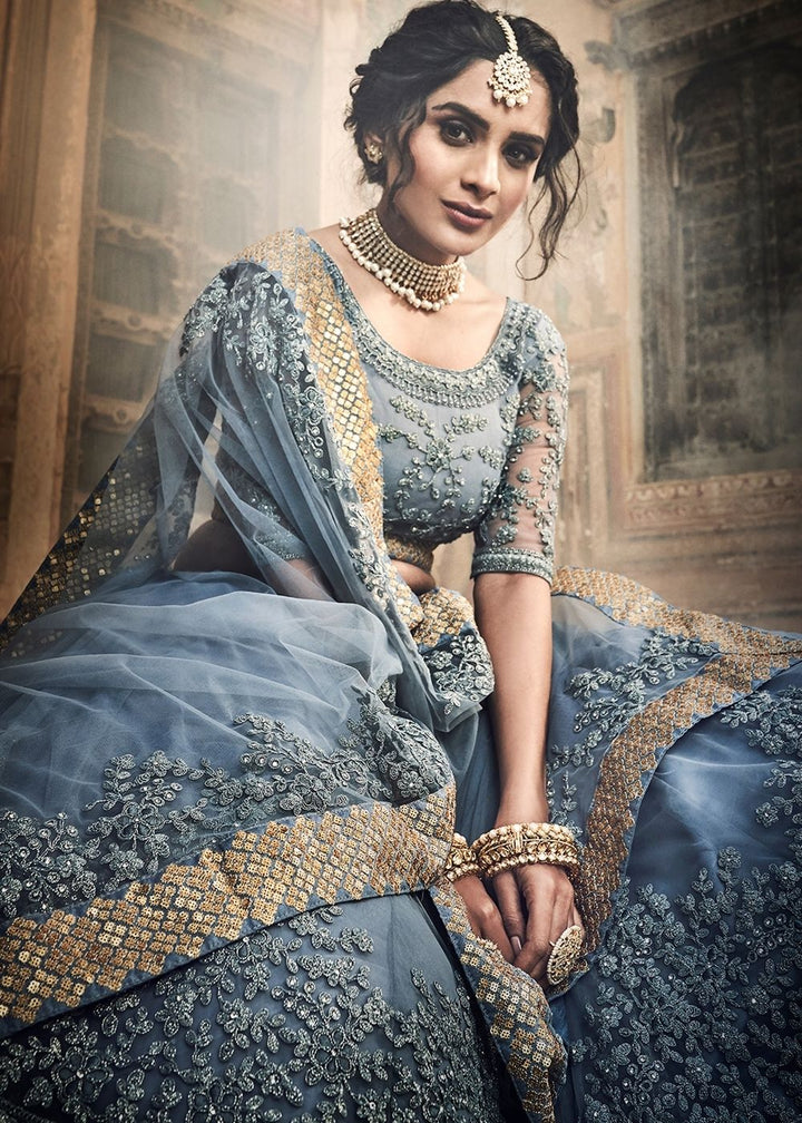 Cornflower Blue Soft Net Lehenga Choli with Dori & Zarkan work