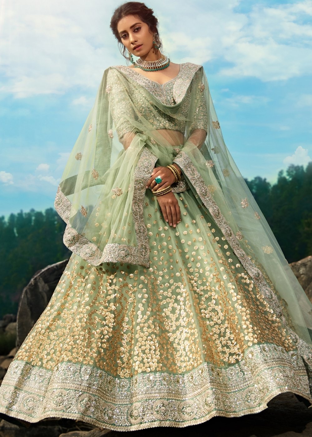 Emerald Green Designer Soft Net Lehenga Choli with Sequins & Dori work