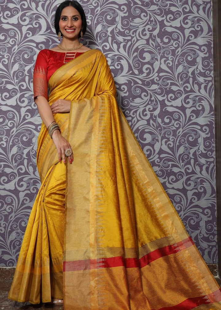 Corn Yellow Art Silk Saree with Temple Border