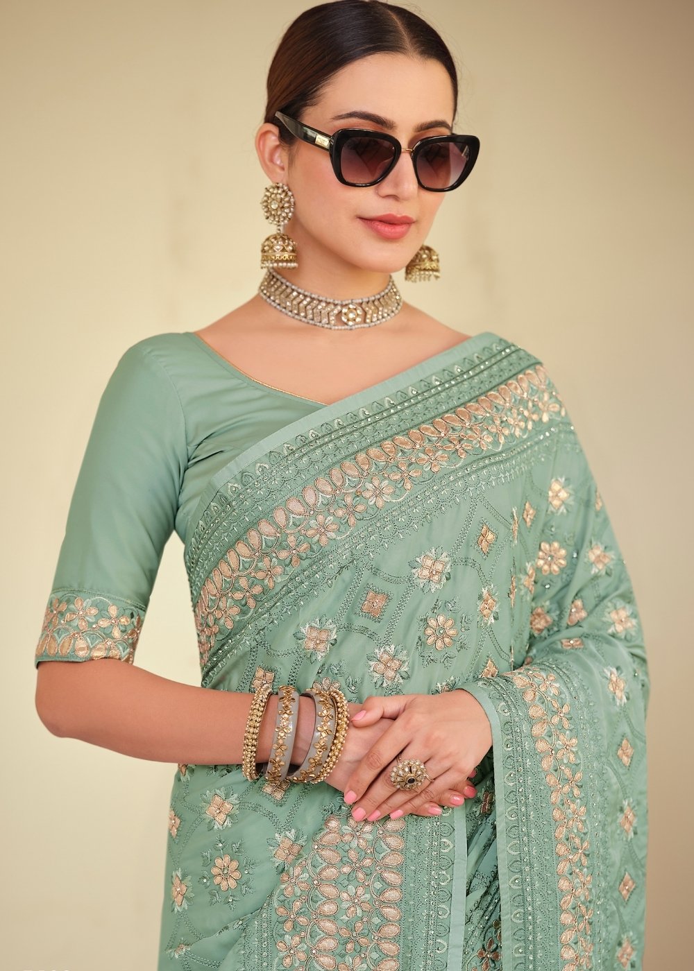 Tiffany Blue Designer Satin Georgette Saree with Gota & Resham work