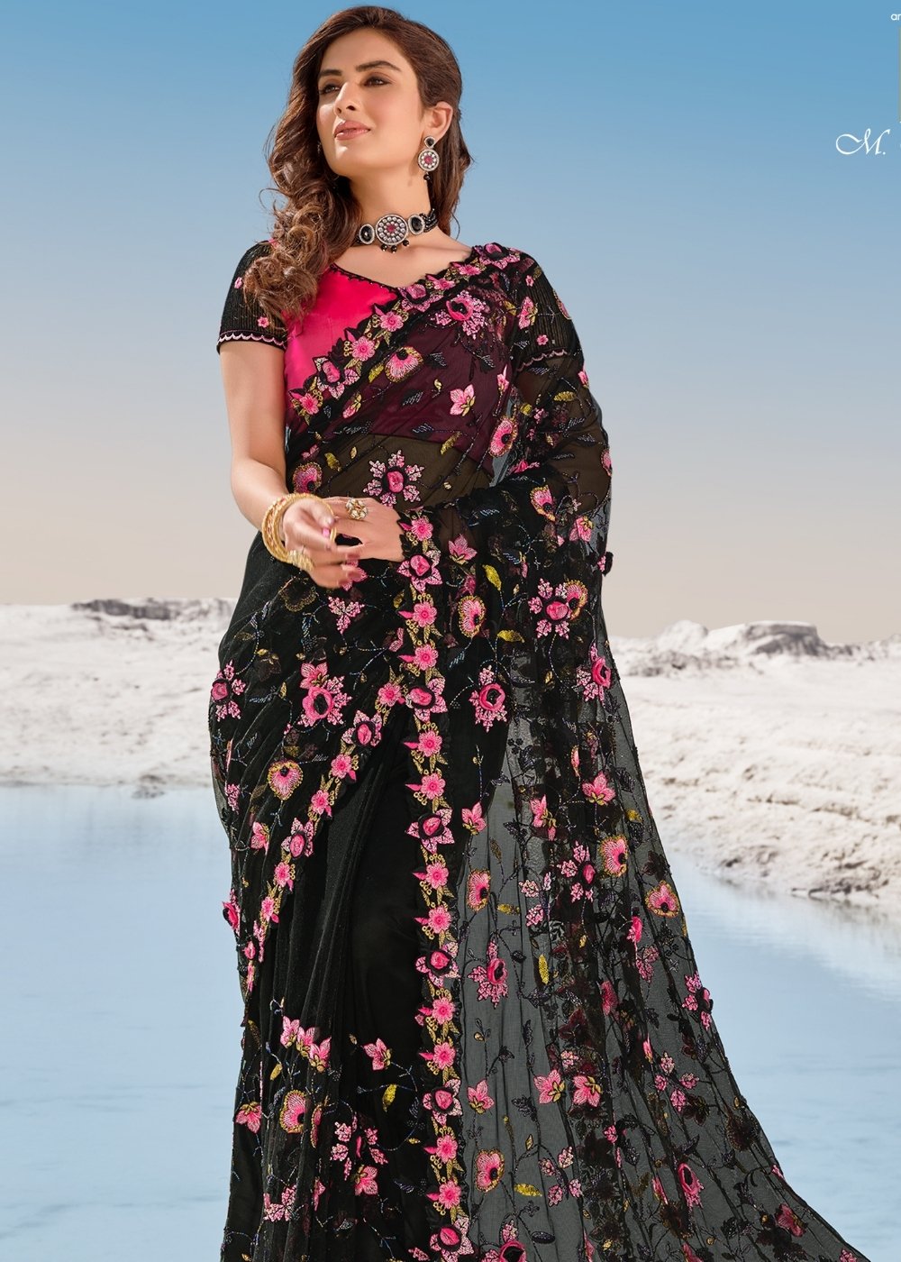 Pitch Black Designer Net Saree with Hand-Made Flower,Moti & Cut-Dana work: Top Pick