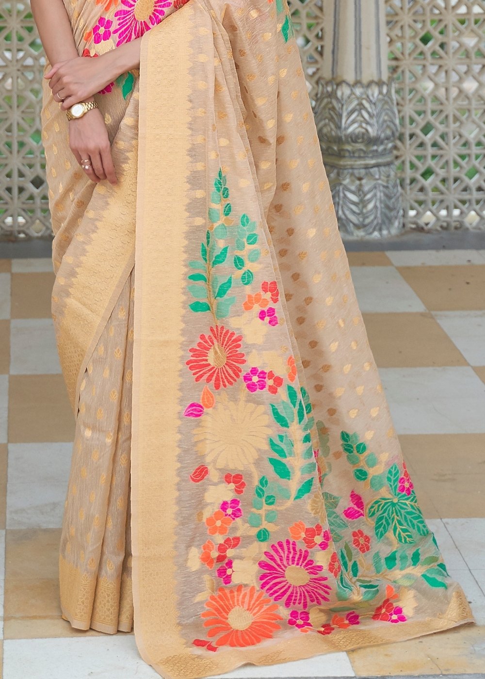 Beige Brown Floral Embroidered Linen Silk Saree