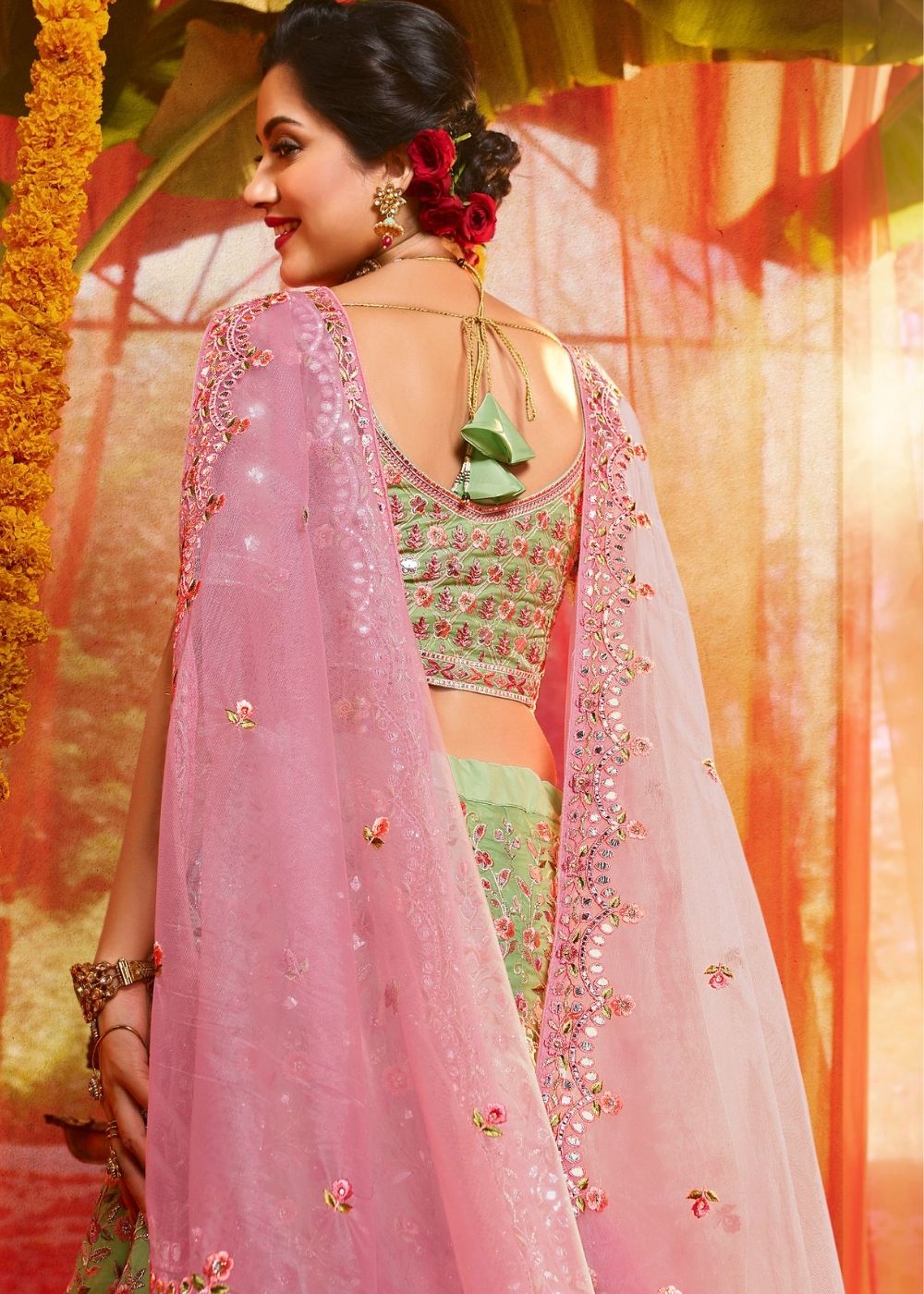 Mint Green Pure Organza Designer Lehenga Choli with Foil, Mirror, Thread and Zari work