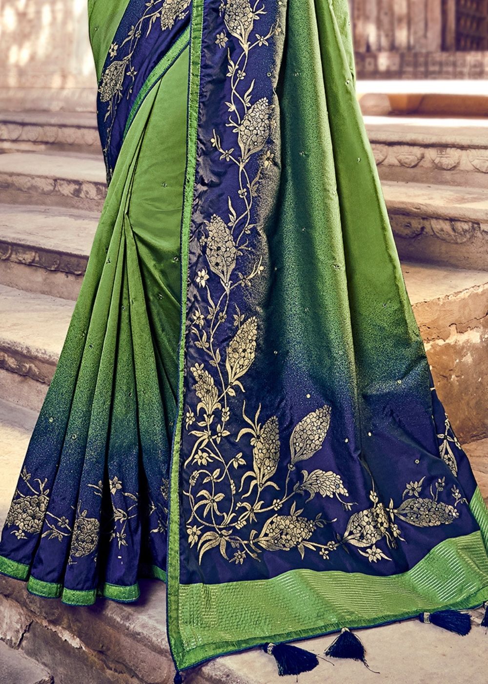 Fern Green & Blue Banarasi Silk Saree with Embroidered Silk Blouse