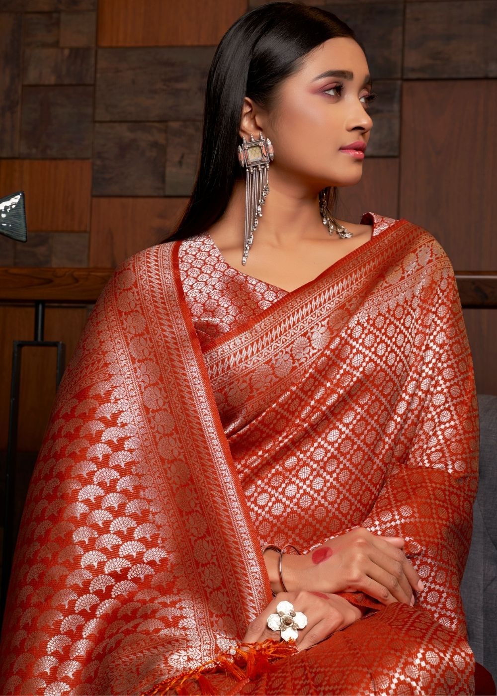 Persian Red Silver Zari work Kanjivaram Silk Saree