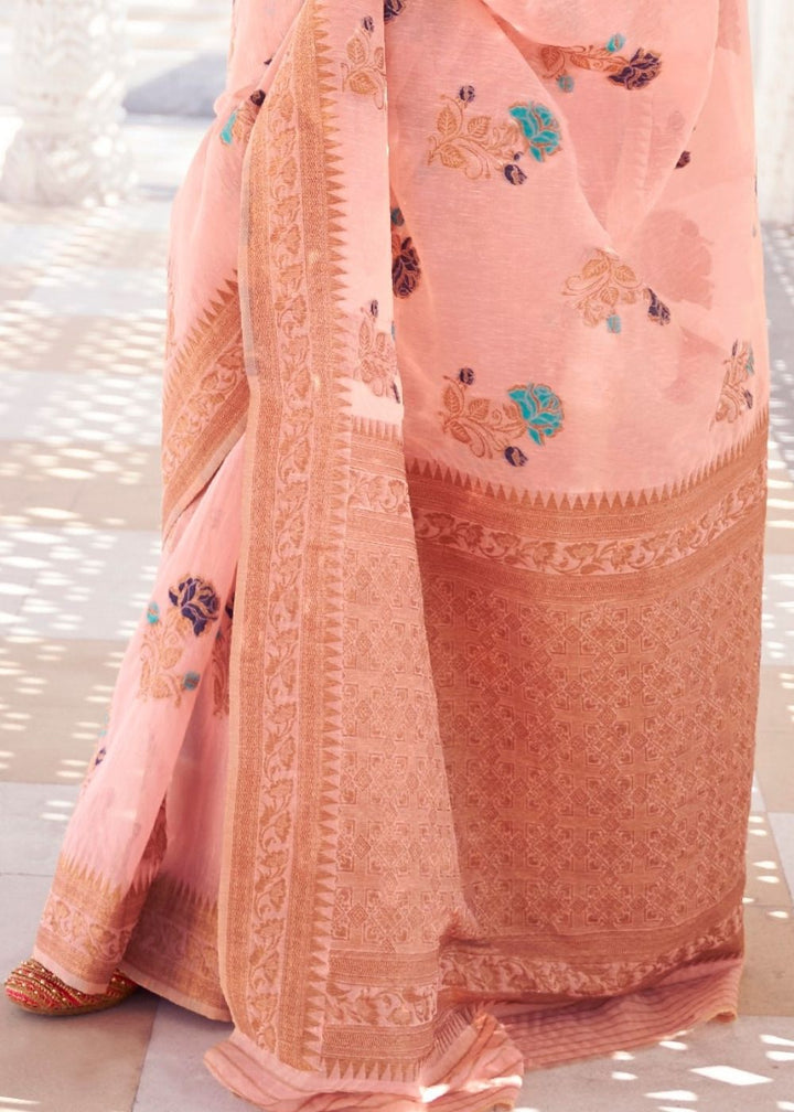 Salmon Pink Pure Linen Woven Silk Saree with Resham work