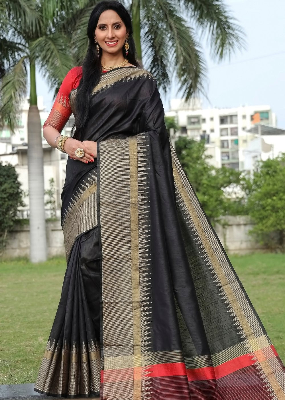 Onyx Black Art Silk Saree with Temple Border