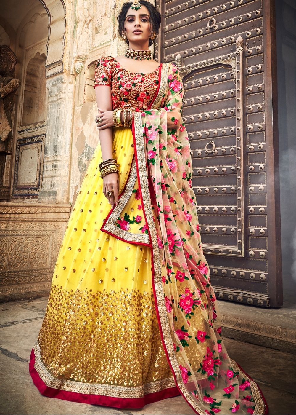 Electric Yellow Soft Net Lehenga Choli with Sequins,Thread & Zari work