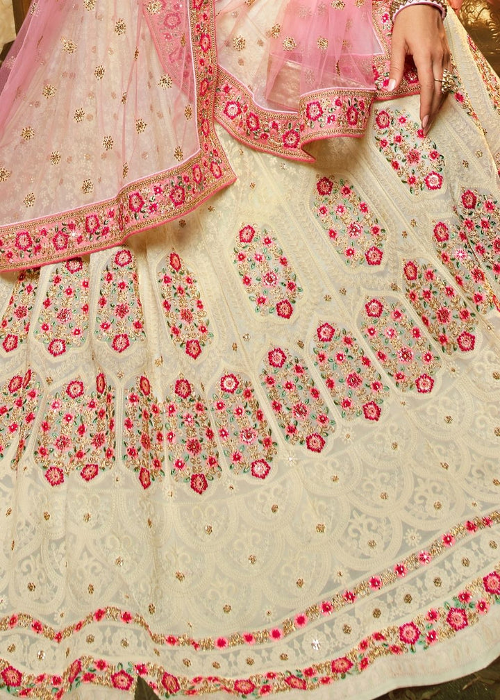 Ivory White Georgette Lehenga Choli with Thread, Zari, Sequin and Stone work