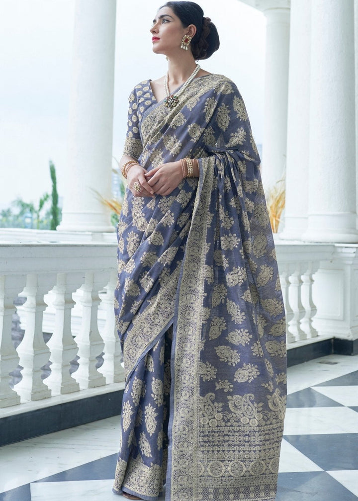 Ocean Blue Lucknowi Chikankari Weaving Silk Saree