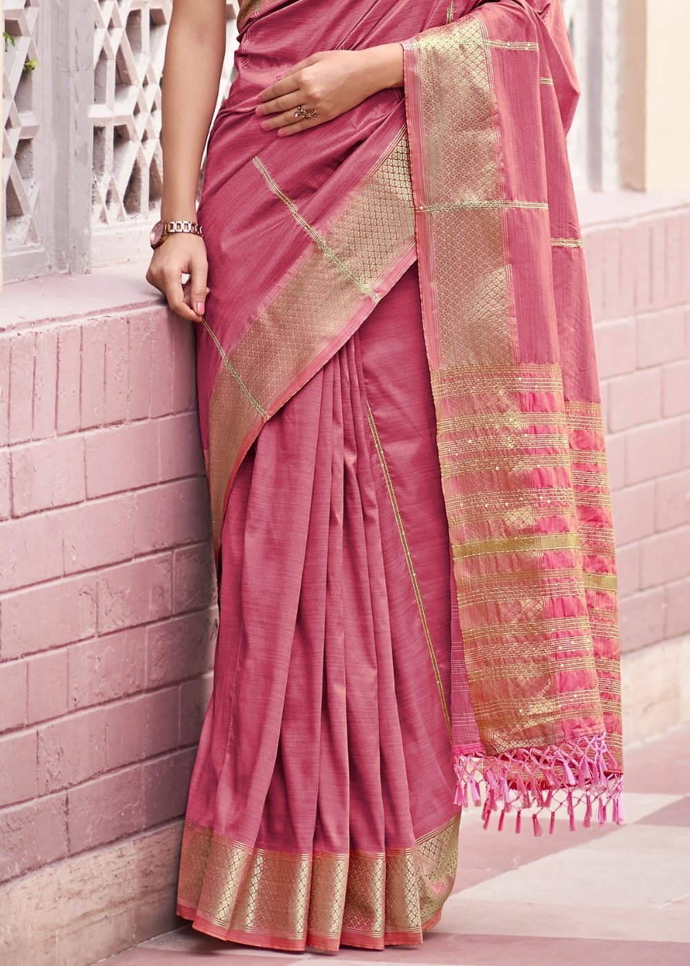 Tulip Pink Silk Saree having Zari Border & Sequins work