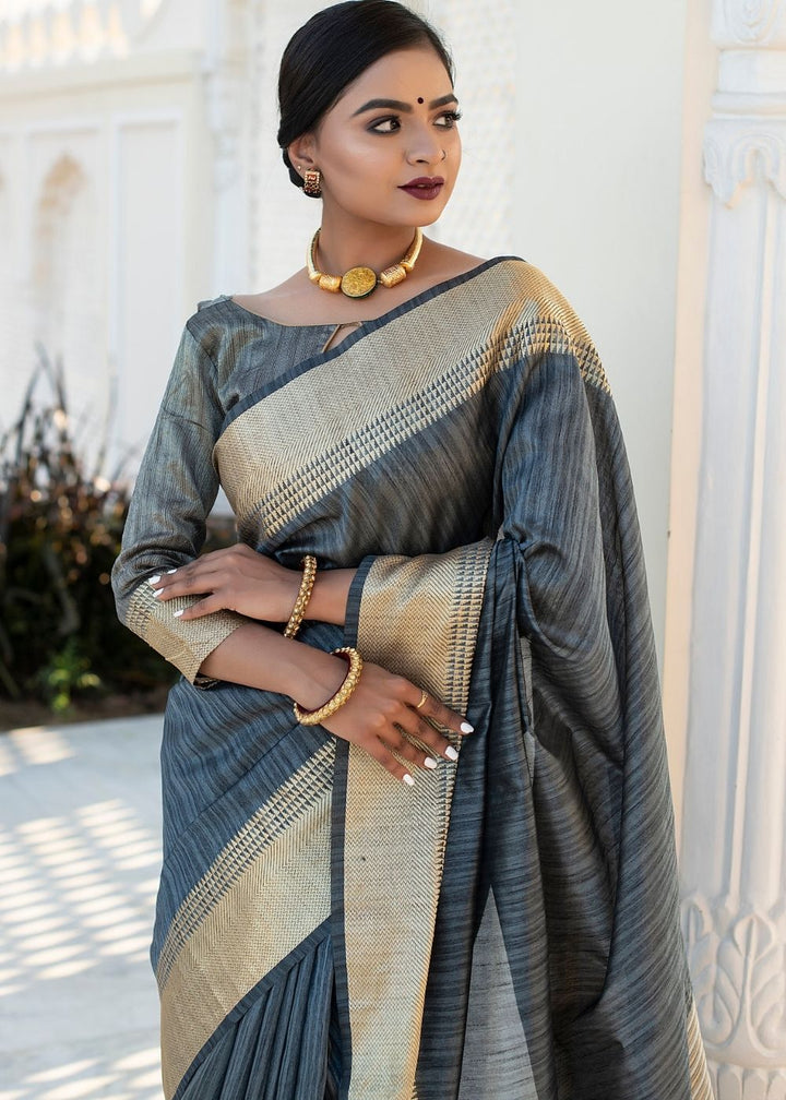 Iron Grey Zari Woven Designer Tussar Silk Saree