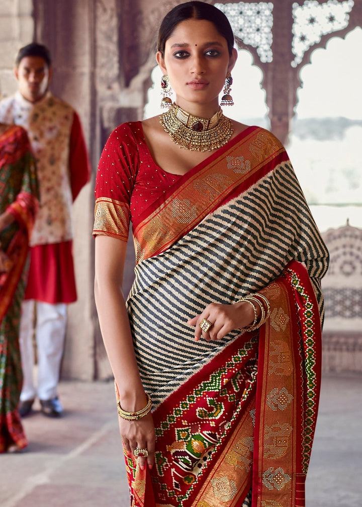 Linen White & Red Patola Silk Saree with Zari Border Pallu & Stone work: Top Pick