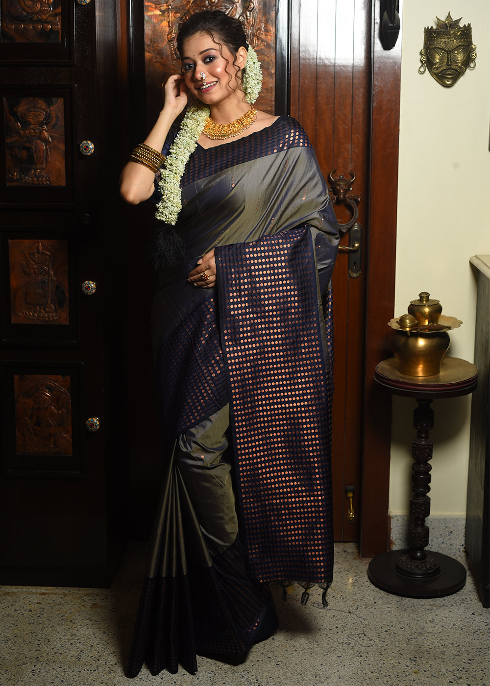 Gunmetal Grey Two Tone Zari Woven Banarasi Silk Saree