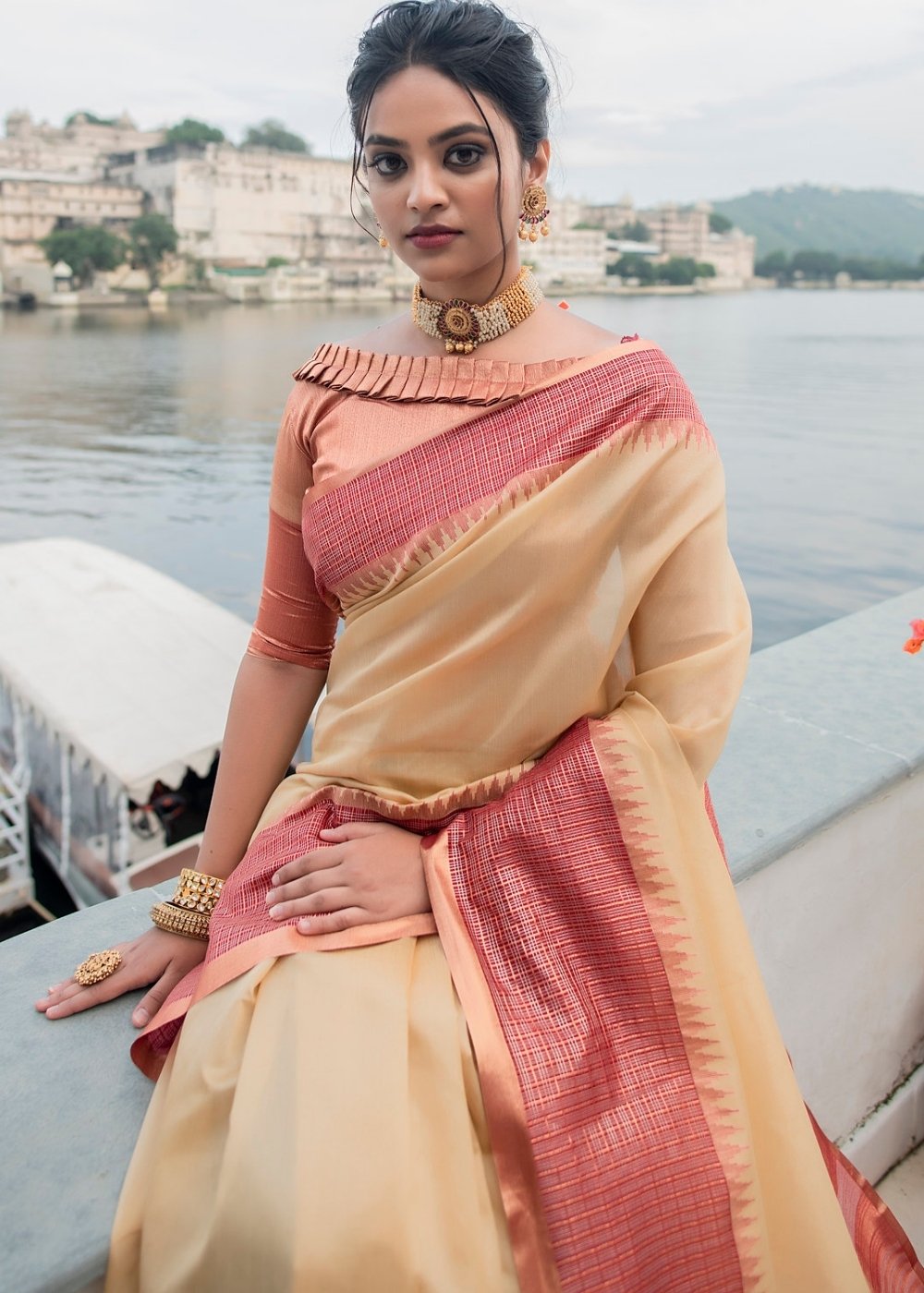 Cream White South Silk Saree with Tassels on Pallu