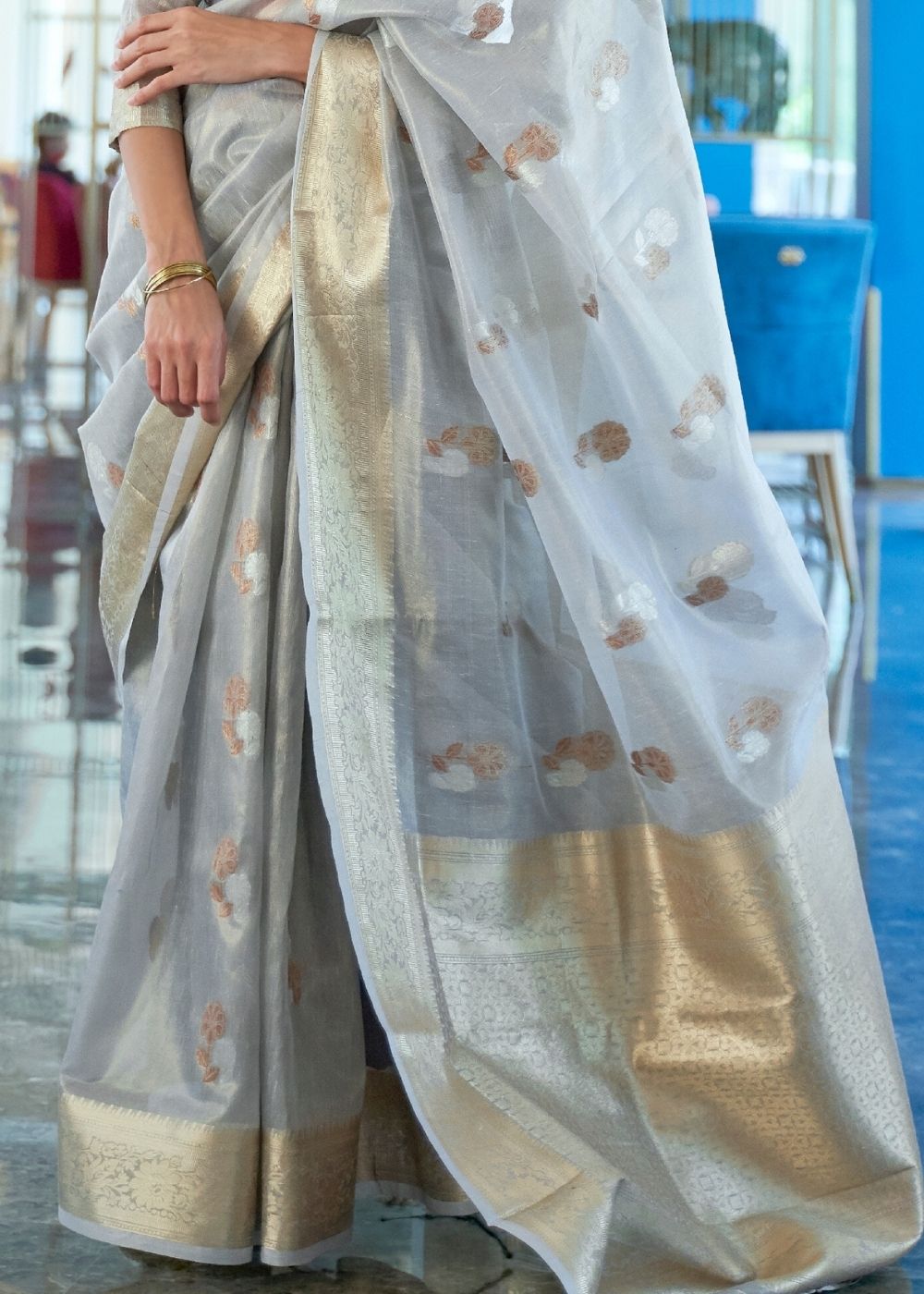 Cloudy Grey Zari Woven Organza Silk Saree