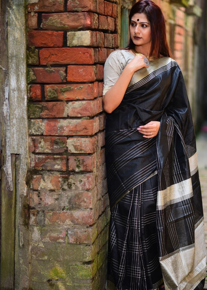 Midnight Black Designer Raw Silk Saree