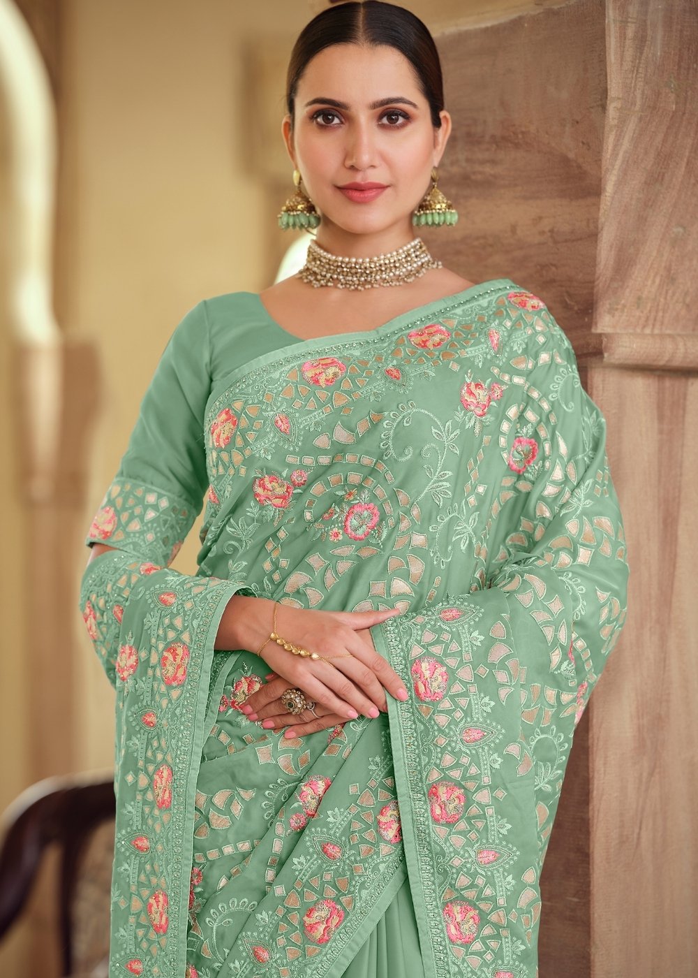 Fern Green Designer Satin Georgette Saree with Gota & Resham work