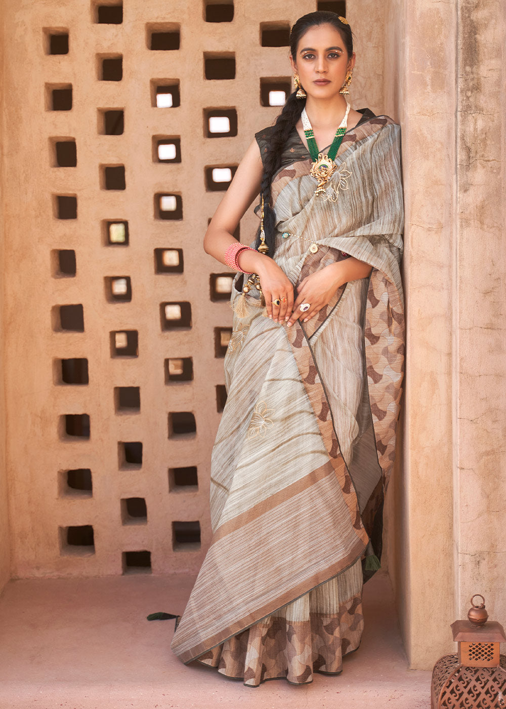 Light Brown Floral Printed Kora Silk Saree