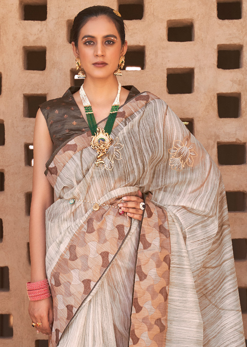 Light Brown Floral Printed Kora Silk Saree