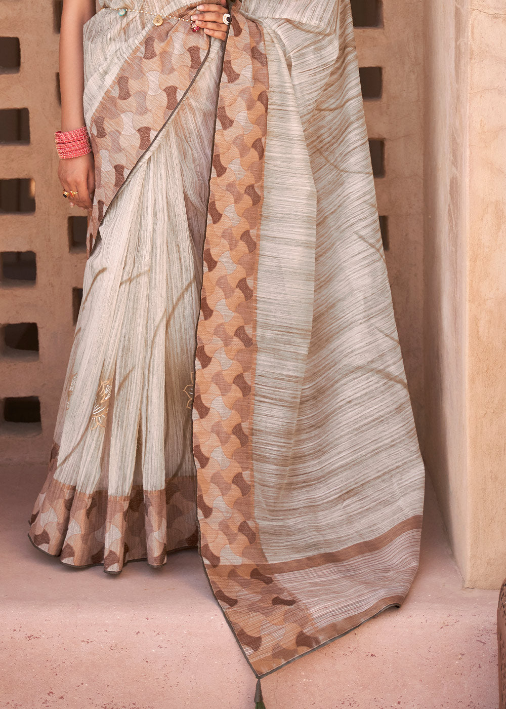 Light Brown Floral Printed Kora Silk Saree