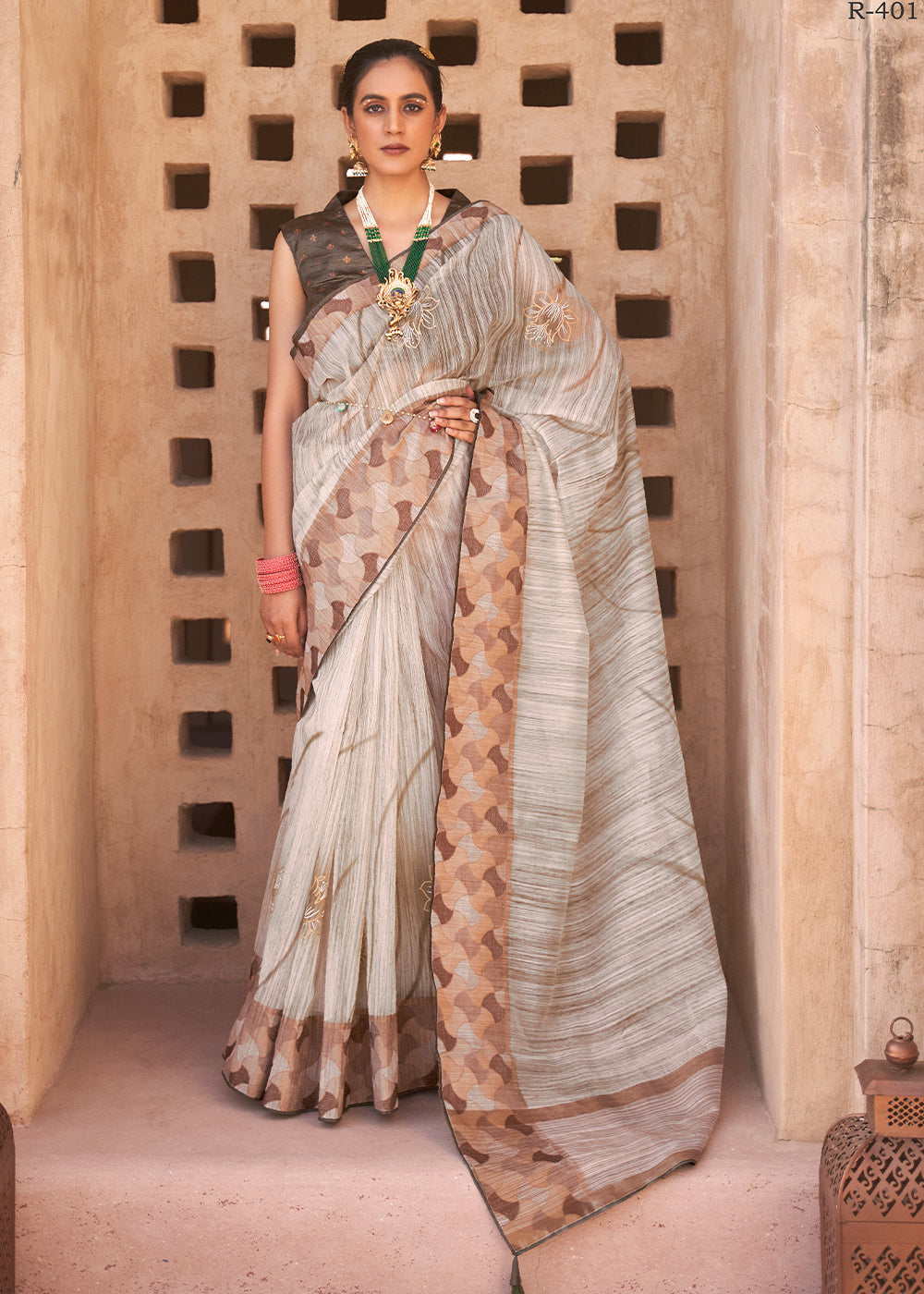 Light Brown Floral Printed Kora Silk Saree