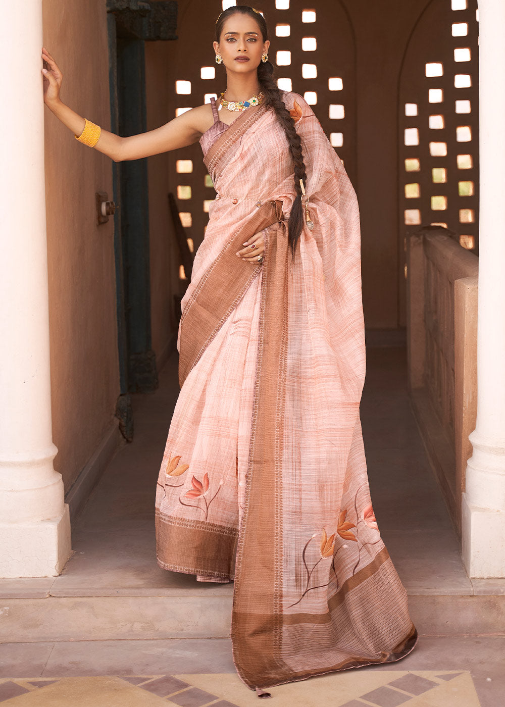 Shades Of Brown Floral Printed Kora Silk Saree