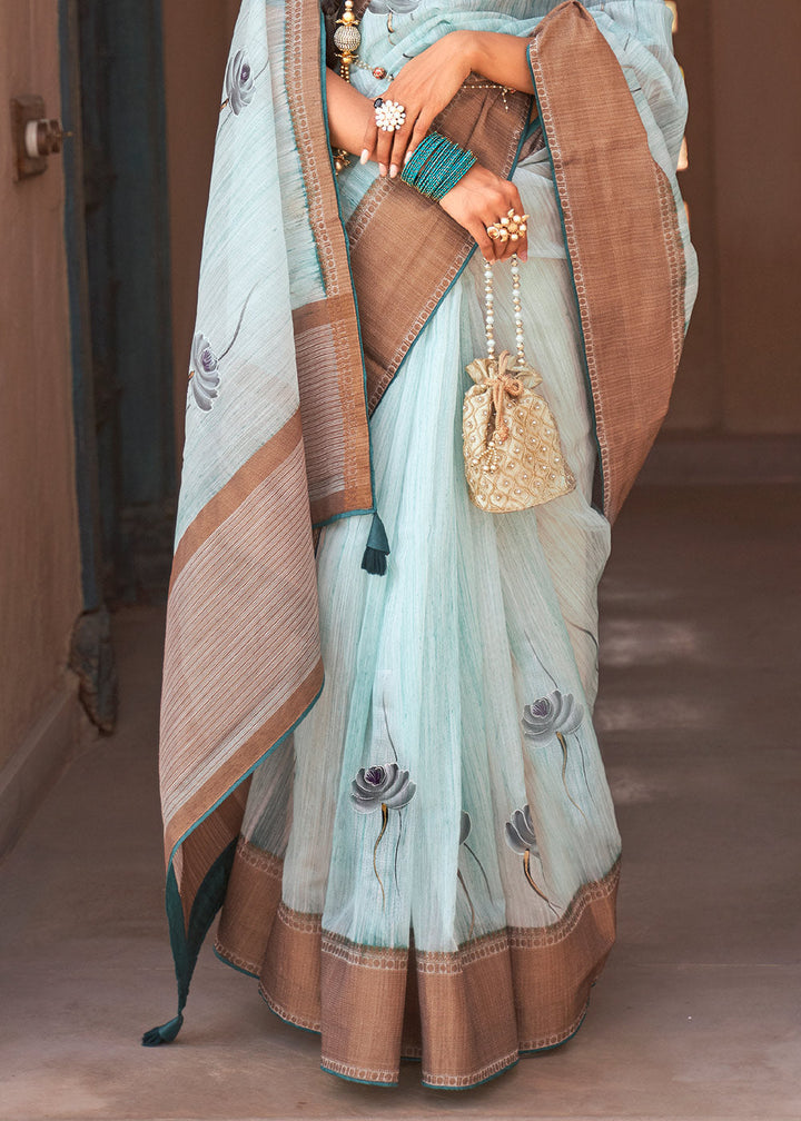 Light Coral Blue Floral Printed Kora Silk Saree