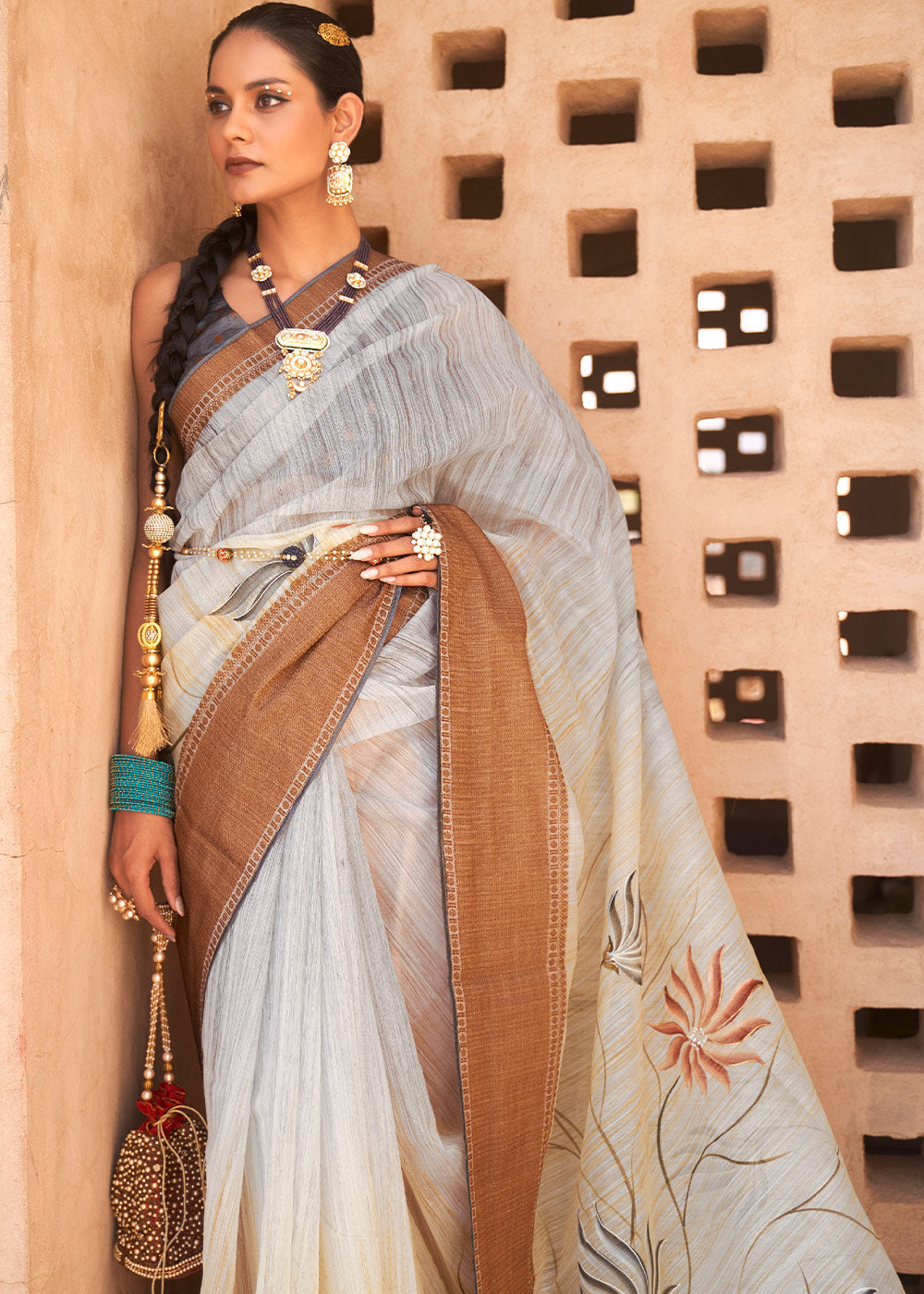 Light Grey Floral Printed Kora Silk Saree