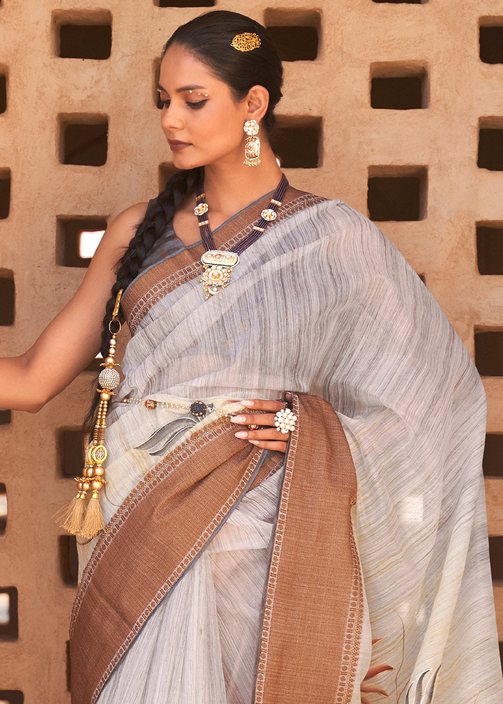 Light Grey Floral Printed Kora Silk Saree