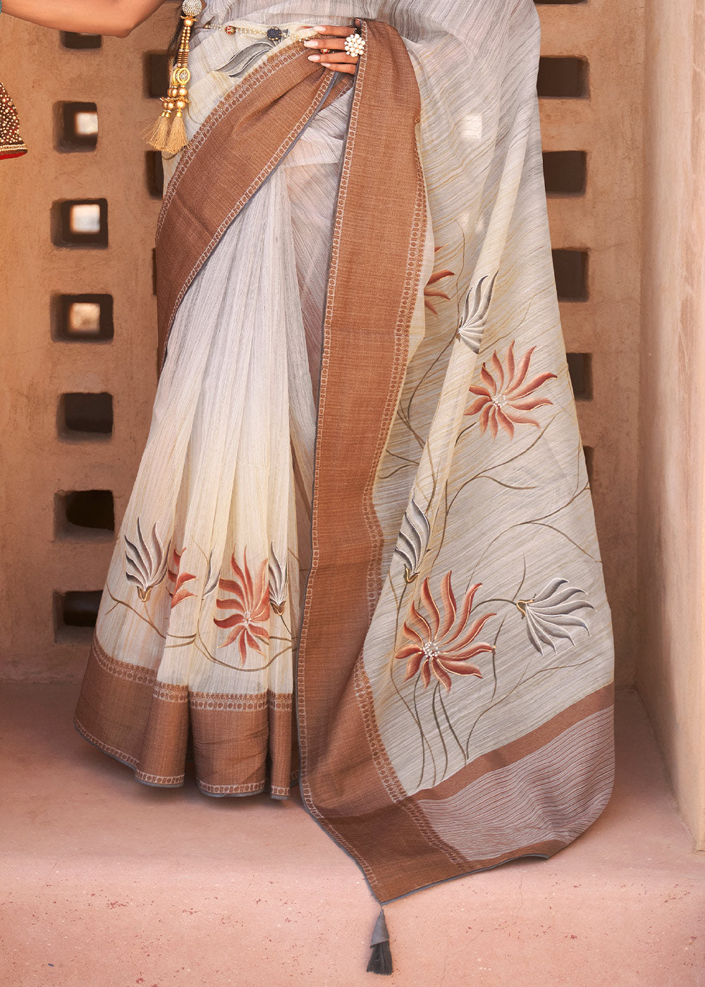 Light Grey Floral Printed Kora Silk Saree