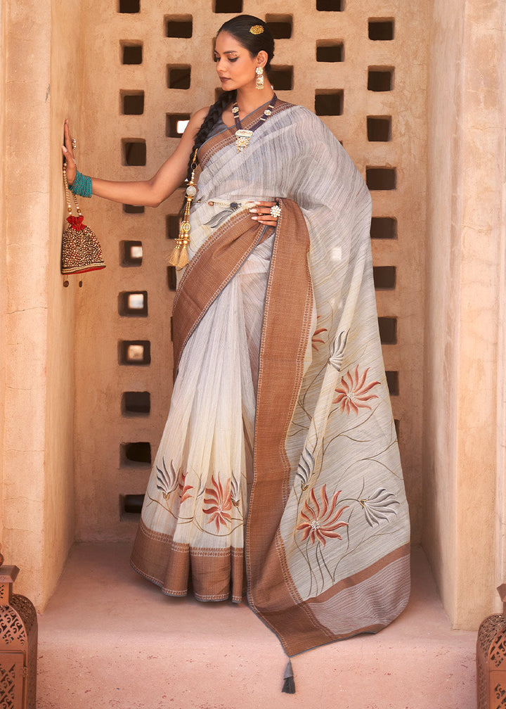 Light Grey Floral Printed Kora Silk Saree