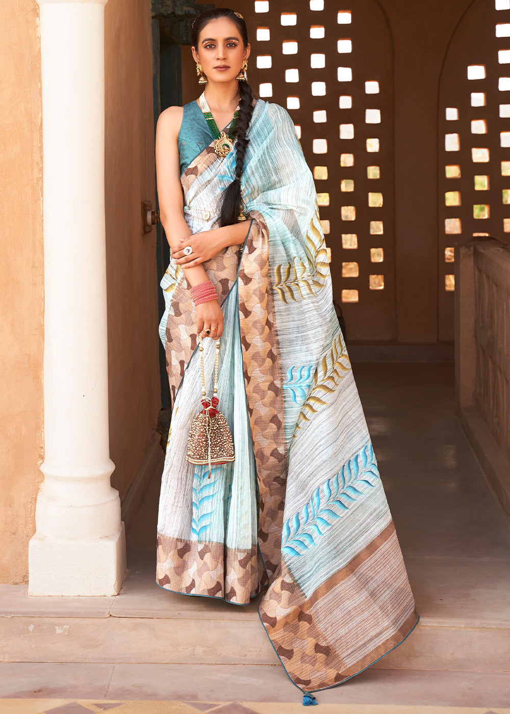 Shades Of Blue Floral Printed Kora Silk Saree