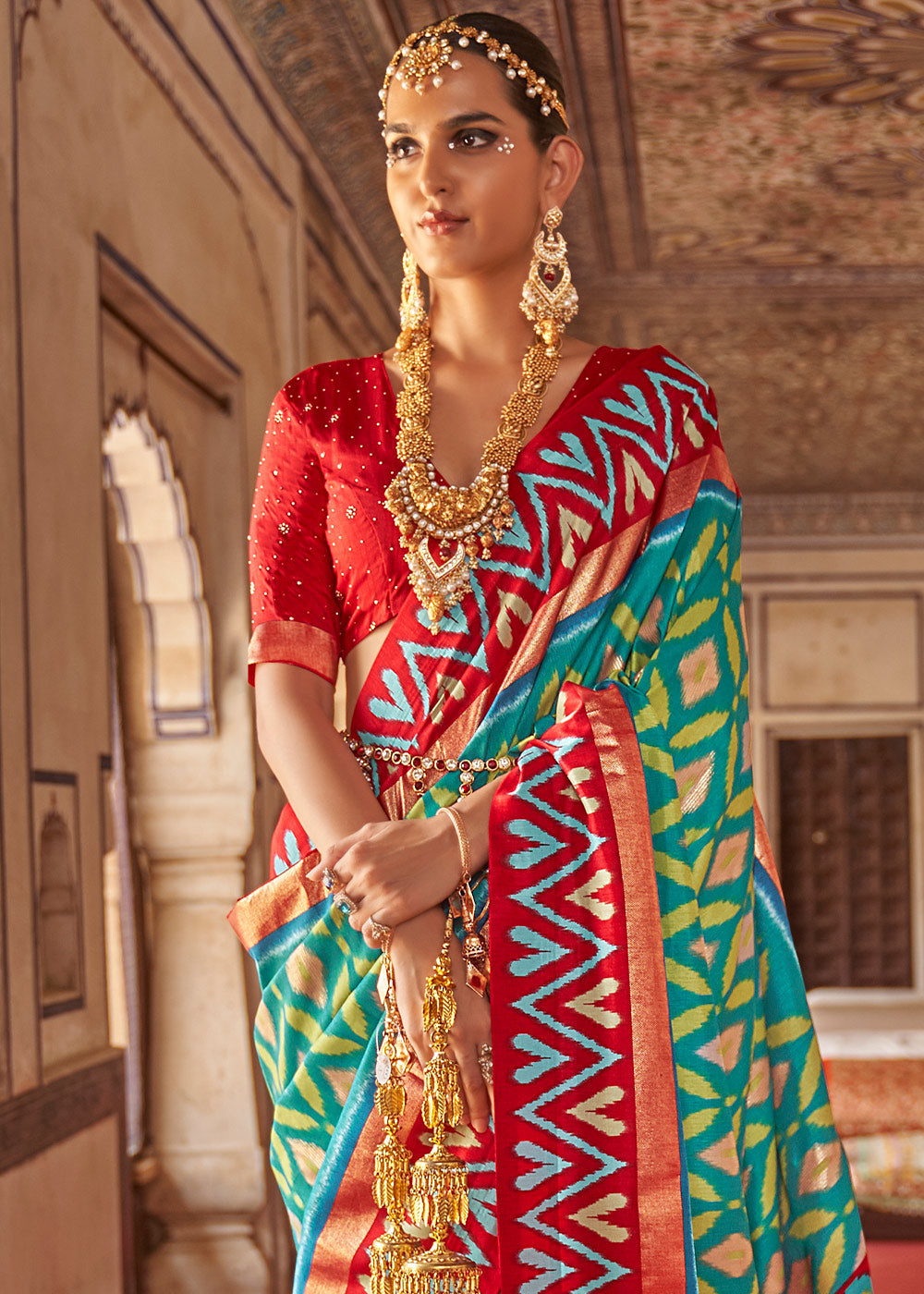 Green & Red Printed Patola Dola Silk Saree with Zari Border