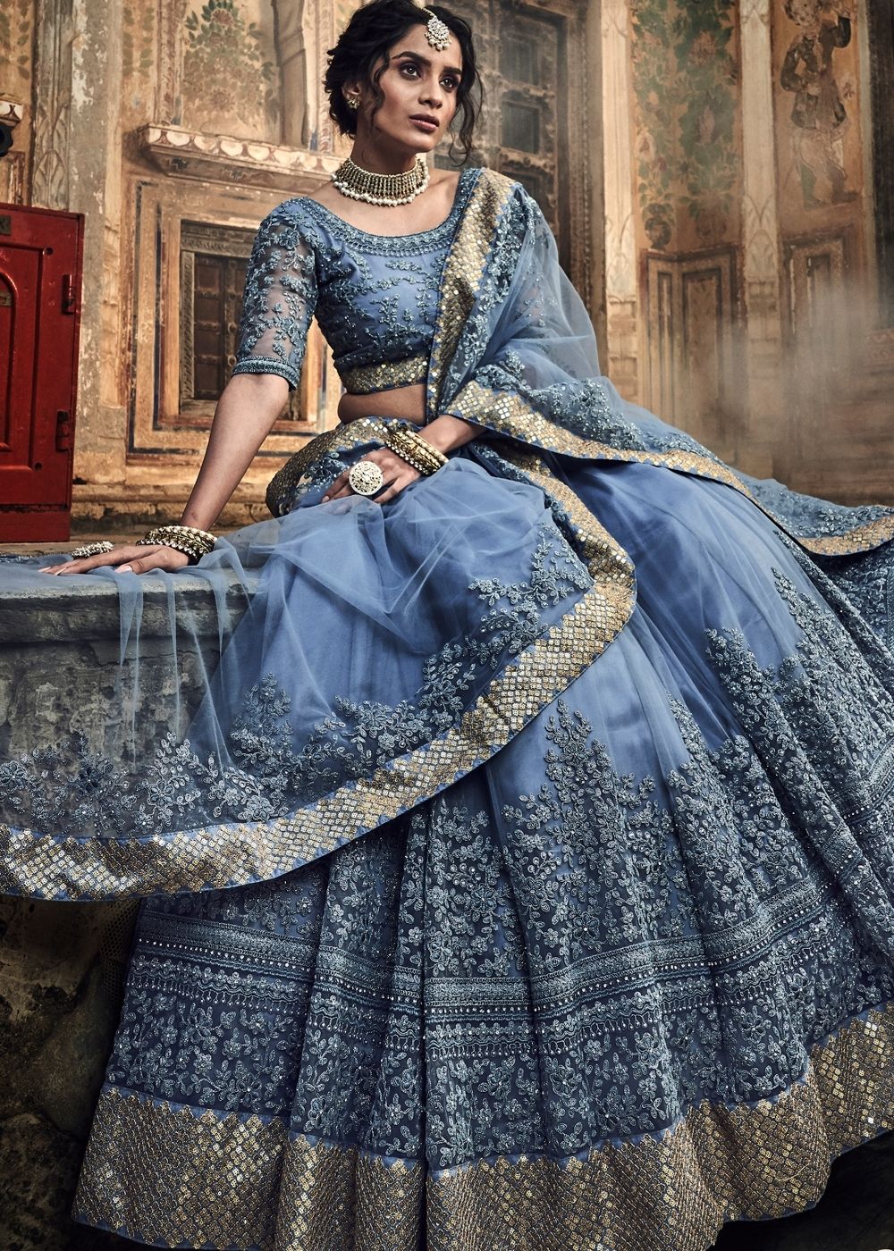 Cornflower Blue Soft Net Lehenga Choli with Dori & Zarkan work