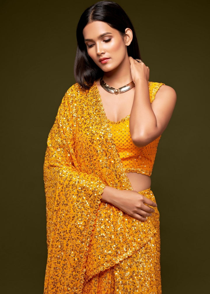 Golden Yellow Sequins & Thread Embroidered Designer Georgette Saree