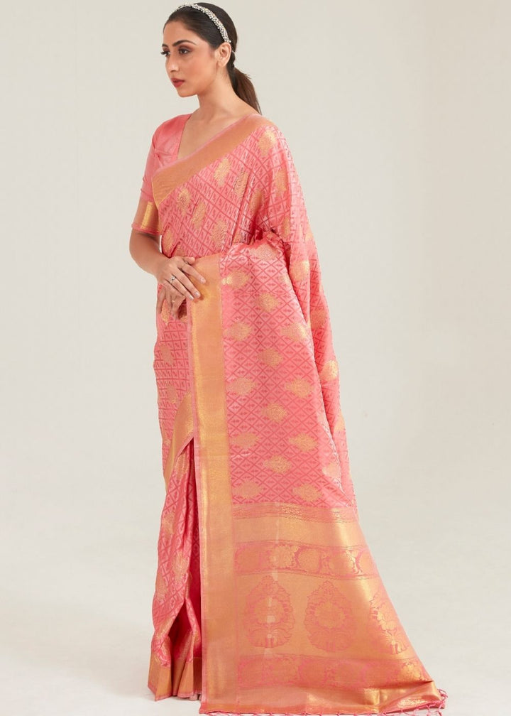 Salmon Pink Zari Butta Woven Banasari Silk Saree