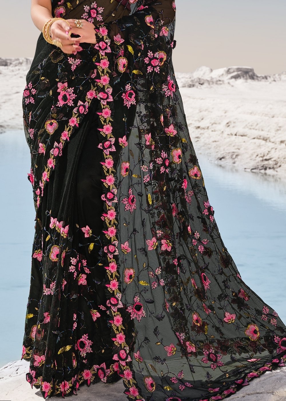 Pitch Black Designer Net Saree with Hand-Made Flower,Moti & Cut-Dana work: Top Pick