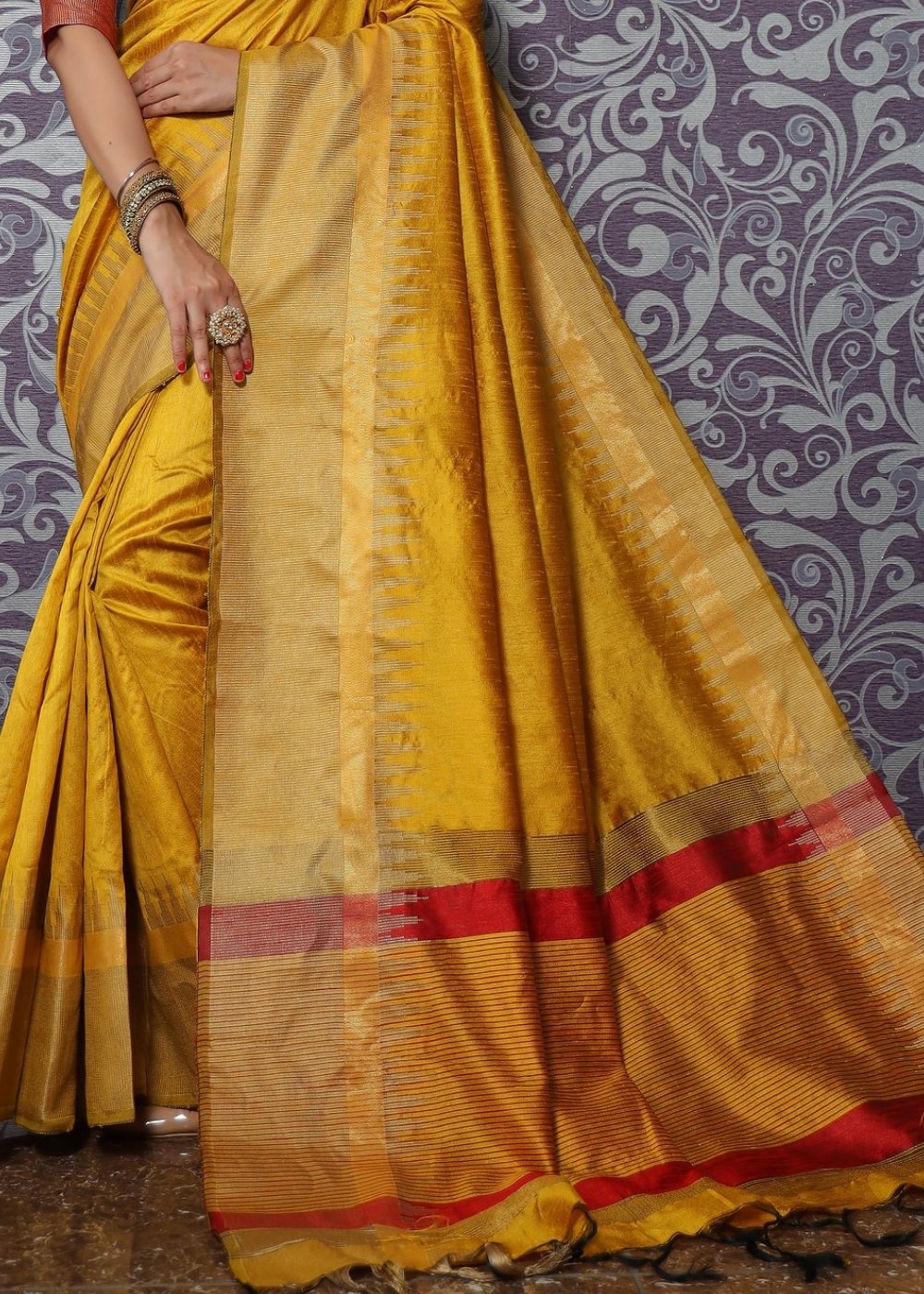 Corn Yellow Art Silk Saree with Temple Border