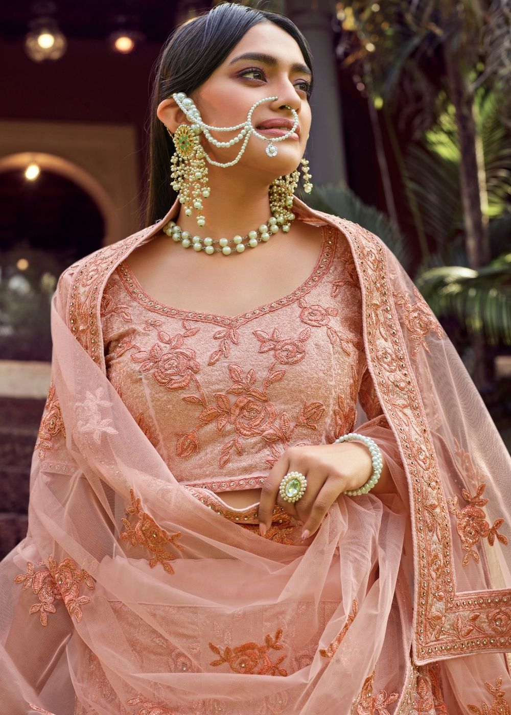 Peach Pink Georgette Lehenga Choli with Sequins & Resham work