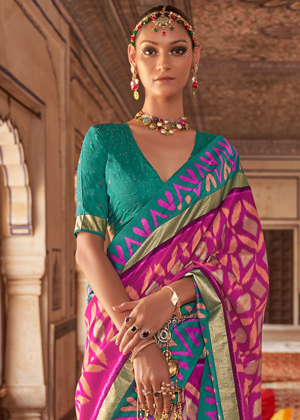 Pink & Blue Printed Patola Dola Silk Saree with Zari Border