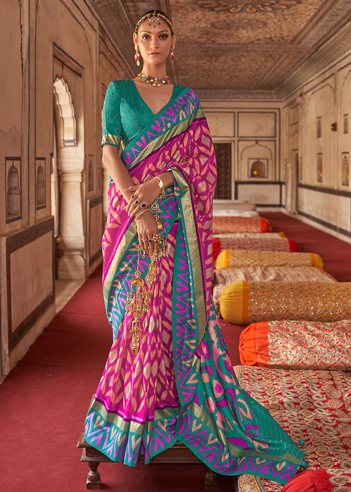 Pink & Blue Printed Patola Dola Silk Saree with Zari Border