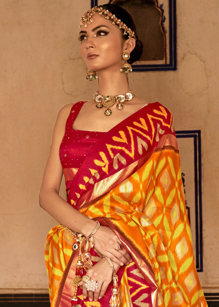 Yellow & Red Printed Patola Dola Silk Saree with Zari Border